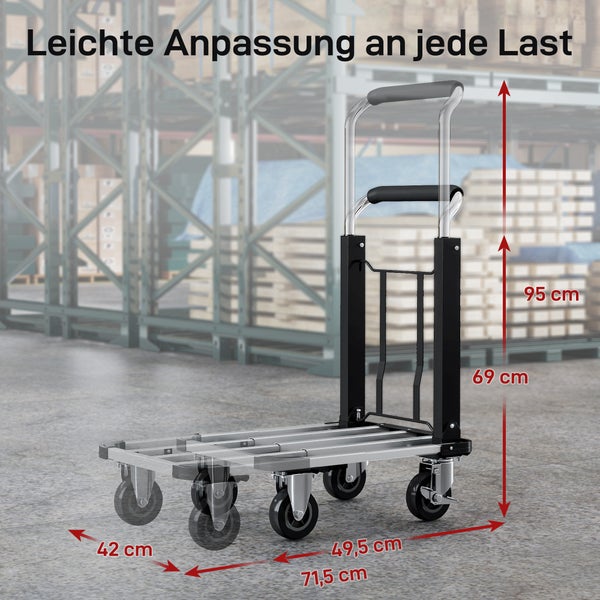 Plattformwagen mit verstellbarem Griff und den Maßangaben 42 cm, 49,5 cm, 71,5 cm, 69 cm und 95 cm