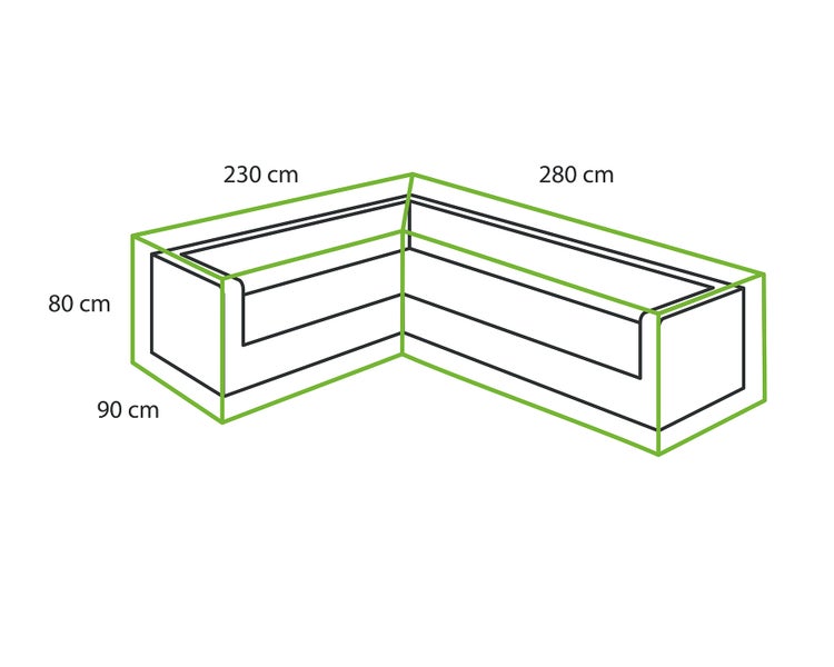 Skizze eines Ecksofas mit Maßangaben: 230 cm, 280 cm, 80 cm und 90 cm.