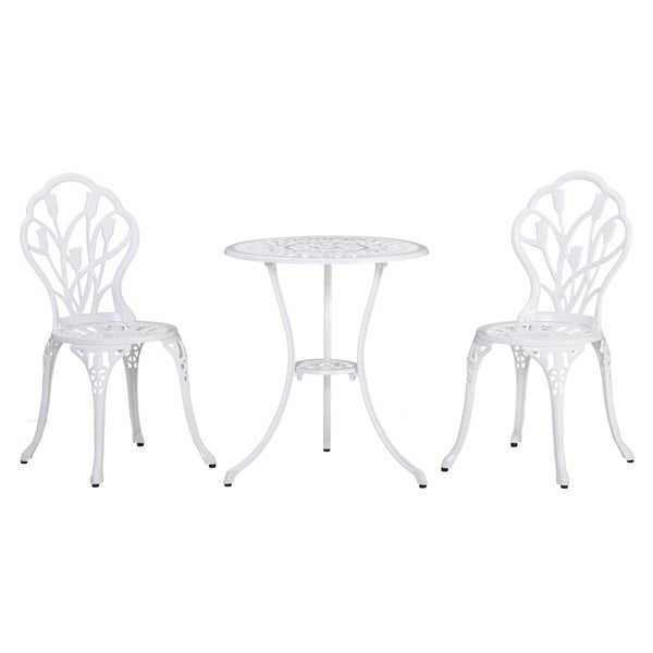 Outsunny 3-teilige Essgruppe, 1 Tisch+2 Stühle, mit Schirmloch, Ø60 x 67H cm, Aluminium, Weiß