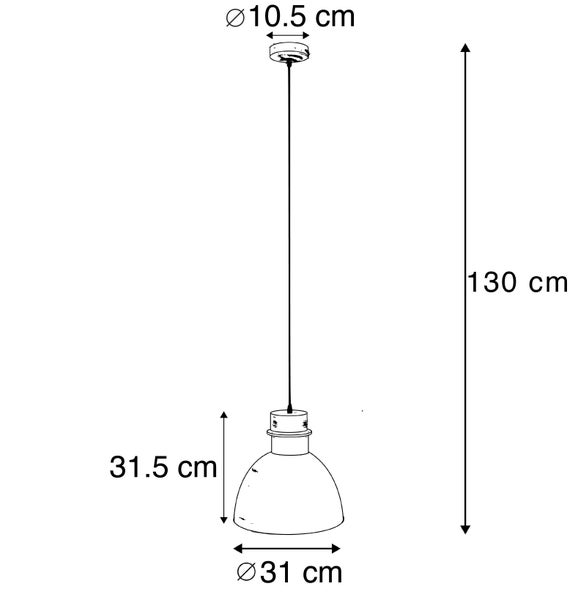 Maßzeichnung Pendelleuchte: Gesamthöhe 130 Zentimeter, Schirmhöhe 31,5 Zentimeter, Schirmdurchmesser 31 Zentimeter, Baldachin 10,5 Zentimeter.
