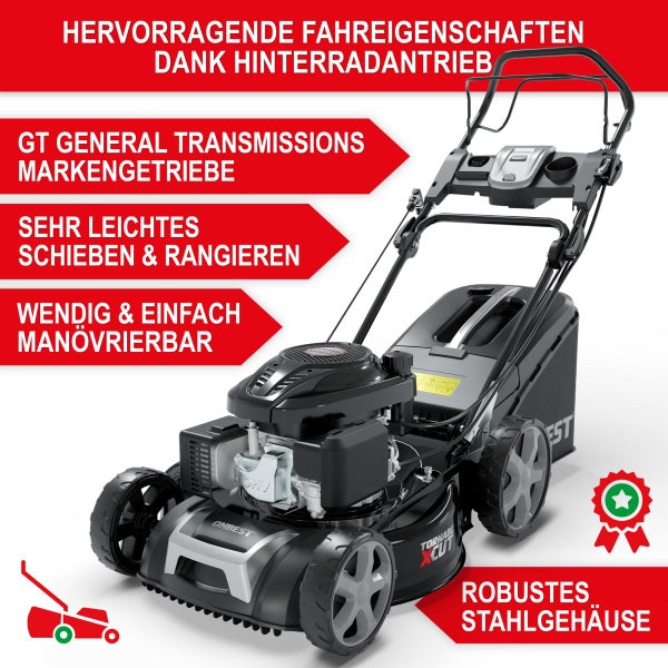 Benzin-Rasenmäher mit Hinterradantrieb, GT Getriebe und robustem Stahlgehäuse.