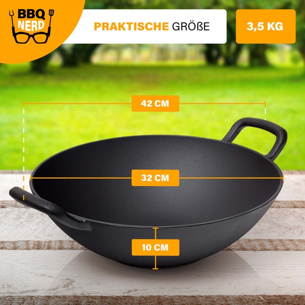 BBQ Nerd Gusseisen Wok Ø 33,5 cm für asiatische Gerichte und mehr | Antihaftpfanne mit exzellenter Wärmeleitung | Wokpfanne für Grill Feuerstelle Herd einschl. Induktion