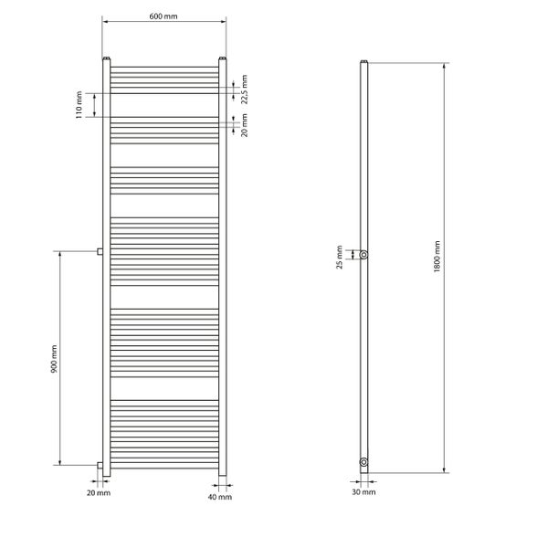 ECD Germany Renovierungsheizkörper Austausch 600 x 1800 mm - Weiß - gerade mit Seitenanschluss 900 mm - Badheizkörper Heizkörper Handtuchwärmer Handtuchtrockner