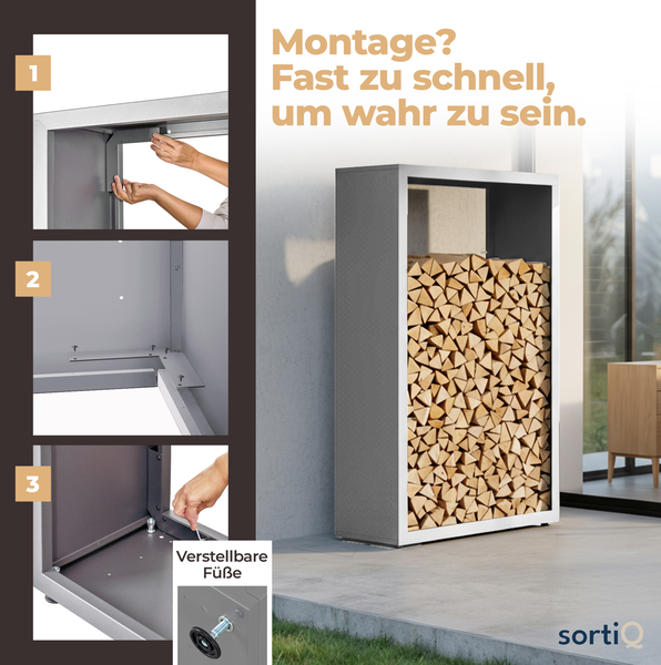 Brennholzregal aus Metall von SortiQ mit Darstellung der Montage in drei Schritten, verstellbaren Füßen und SortiQ Logo.