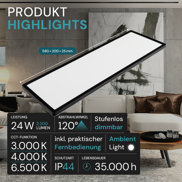 LED Panel mit den Produkt Highlights im Wohnzimmer