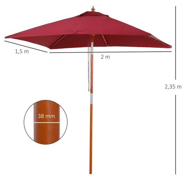 Roter Sonnenschirm mit Knickfunktion und UV-Schutz, Holzstiel, in aufrechter und geneigter Position sowie Nahaufnahme des Knickgelenks.