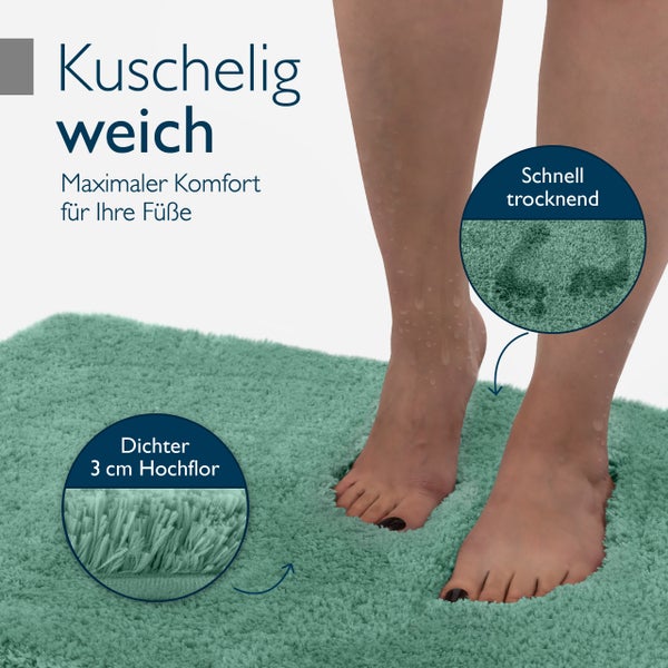 Grüne Badematte mit hohem Flor und schnell trocknenden Eigenschaften