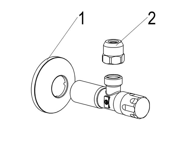 Technische Zeichnung eines Eckventils mit Rosette (1) und Quetschverschraubung (2).
