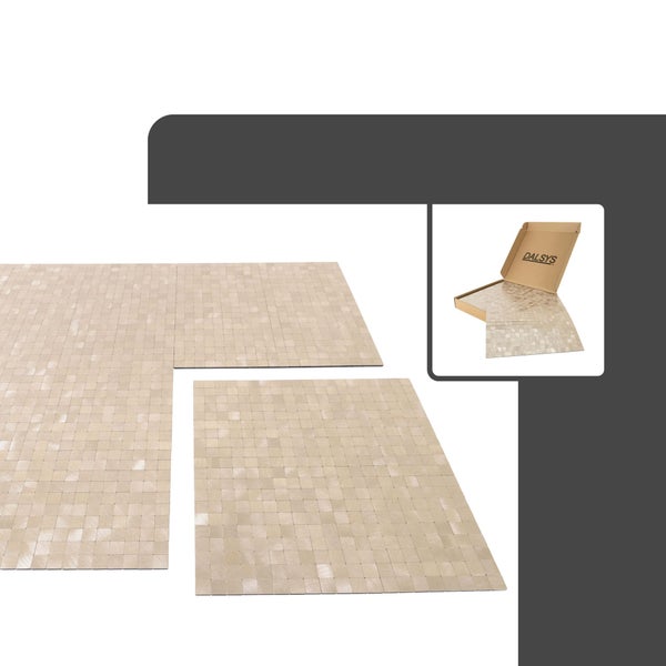 Dalsys Mosaikfliesen in quadratischem Design mit gebürsteter Metalloberfläche, inklusive Produktverpackung.