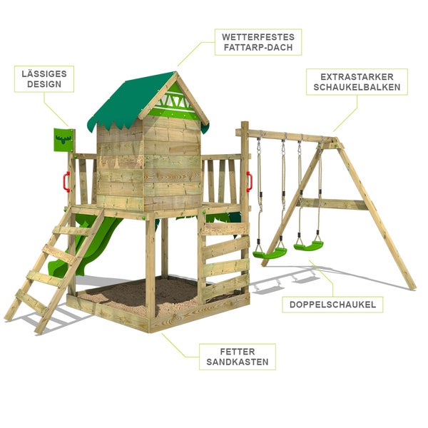 FATMOOSE Spielturm Klettergerüst JazzyJungle mit Schaukel und Rutsche, Spielhaus mit Sandkasten, Leiter und Spiel-Zubehör - rot