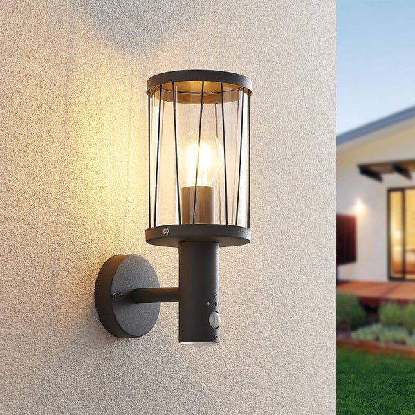 Lindby Wandleuchte außen Yonan mit Bewegungsmelder (spritzwassergeschützt (Modern) in Schwarz aus Edelstahl (1 flammig, E27) - Wandlampe für Außenwand/Hauswand Haus Terrasse und Balkon