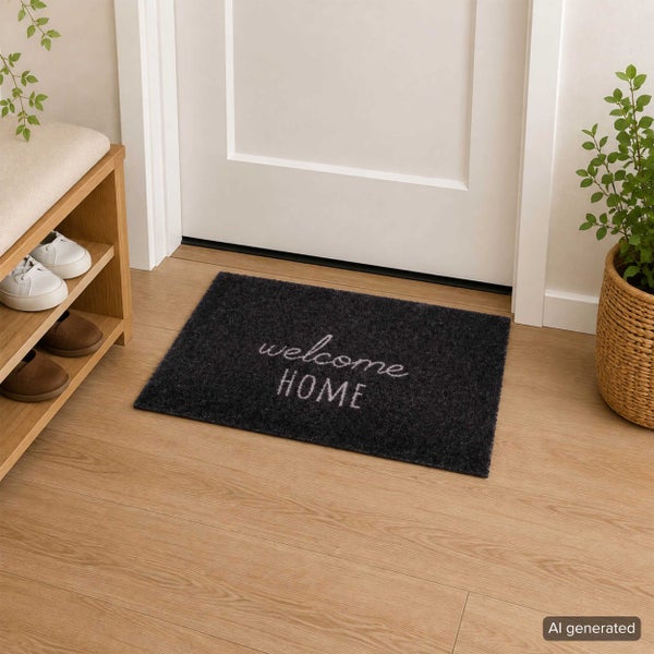 Fußmatte mit Aufschrift Welcome Home vor einer Zimmertür in einem Eingangsbereich mit Holzbank und Pflanze.