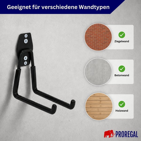 Wandhaken von Proregal zur Befestigung an Ziegel-, Beton- und Holzwänden, inklusive Montagematerial zur stabilen Aufbewahrung.