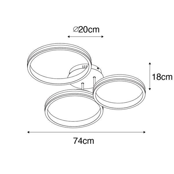 Technische Zeichnung einer Deckenleuchte mit drei kreisförmigen Elementen und Maßangaben