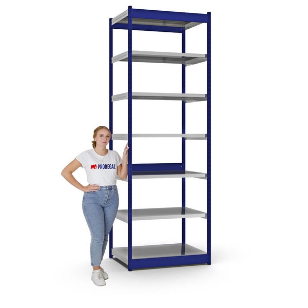 PROREGAL Fachbodenregal Stecksystem Vierkant-Profil Grundregal HxBxT 300 x 102,5 x 60 cm 7 Ebenen Einseitige Bauart Fachlast 200 kg Enzianblau