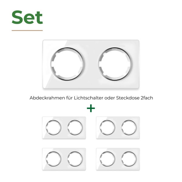 Set bestehend aus fünf zweifachen Abdeckrahmen für Lichtschalter oder Steckdosen für die Elektroinstallation.