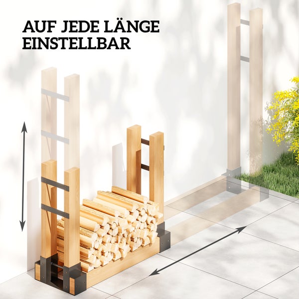 Verstellbares Brennholzregal aus Holz mit Brennholz