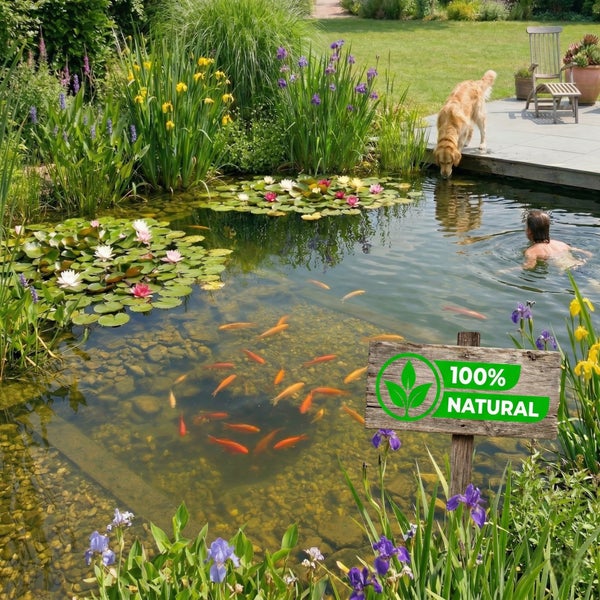 Naturnaher Gartenteich mit klarem Wasser, orangefarbenen Fischen und Seerosen. Eine Person schwimmt, ein Hund trinkt. Holzschild 100 Prozent natürlich.