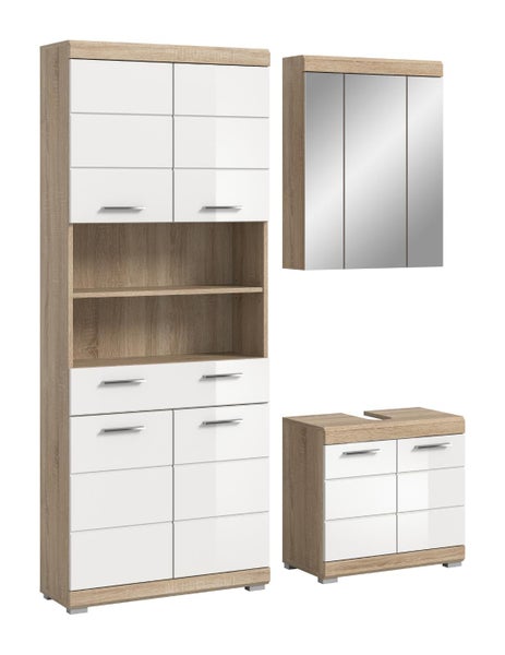 Dreiteiliges Badezimmermöbel-Set bestehend aus Hochschrank, Spiegelschrank und Waschbeckenunterschrank in Eiche-Optik mit weißen Hochglanzfronten.