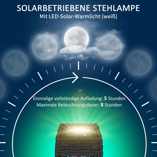 Solarbetriebene Stehlampe mit LED-Solar-Warmlicht: Einmalige vollständige Aufladung dauert 5 Stunden, maximale Beleuchtungsdauer beträgt 8 Stunden.