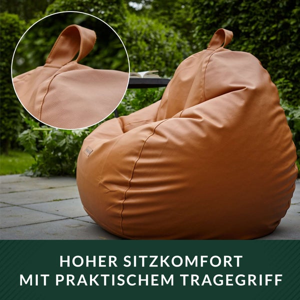Green Bean Sitzsack aus Kunstleder mit EPS Perlen Füllung - 90 x 70 cm - Bean Bag Sitzkissen Sitzpuff Sitzsessel Bodenkissen Lounge - Cognac