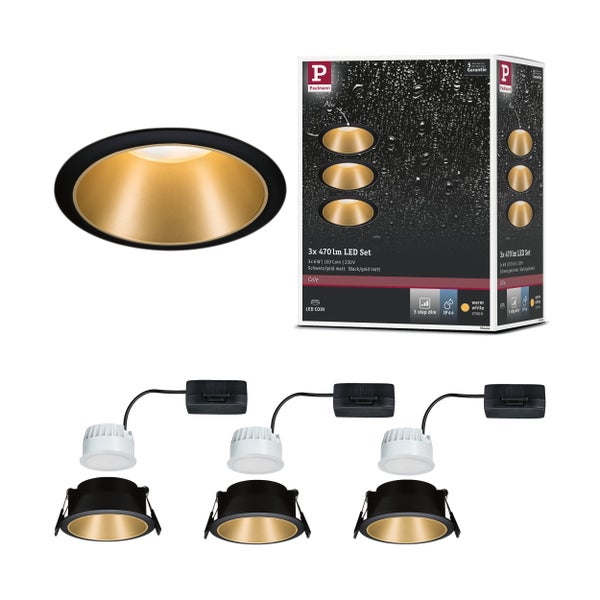 Dreier Set LED Einbaustrahler mit Holzring inklusive technischer Zeichnung und Bemaßung für Deckenmontage mit fünf Jahren Garantie