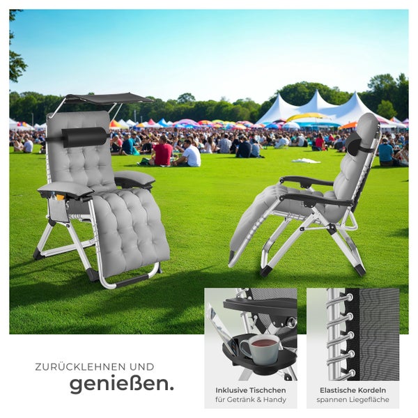 Sonnenliege tectake Cloud II mit Ablagetisch und Stautasche klappbar, flexible Rückenlehne und Fußablage hellgrau