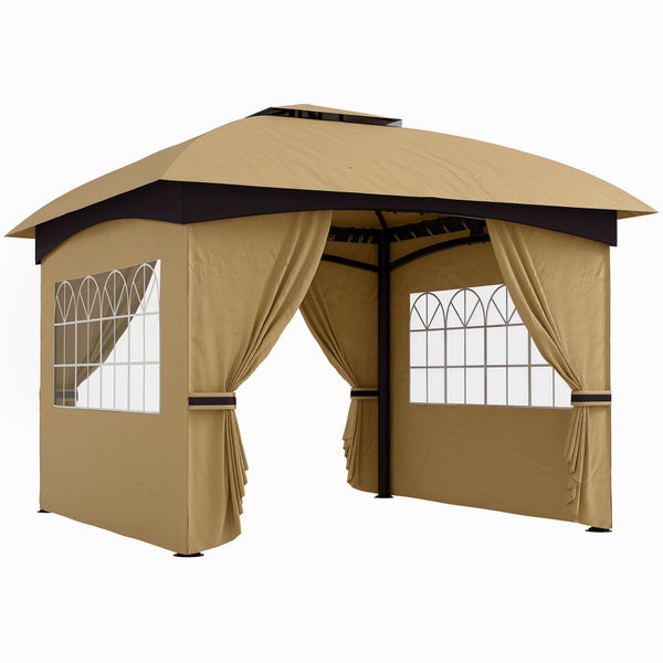 Outsunny Pavillon ca. 3,4x3,4 m wasserabweisend Gartenpavillon mit 4 Seitenteilen, Doppeldach, Partyzelt mit UV-Schutz Gartenzelt mit verzinktem Metallrahmen, für Garten Beige