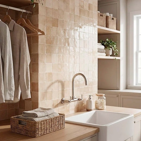 Moderne Waschküche mit quadratischen Wandfliesen, weißem Keramikwaschbecken, Holzarbeitsplatte, Wandarmatur und geflochtenen Aufbewahrungskörben.