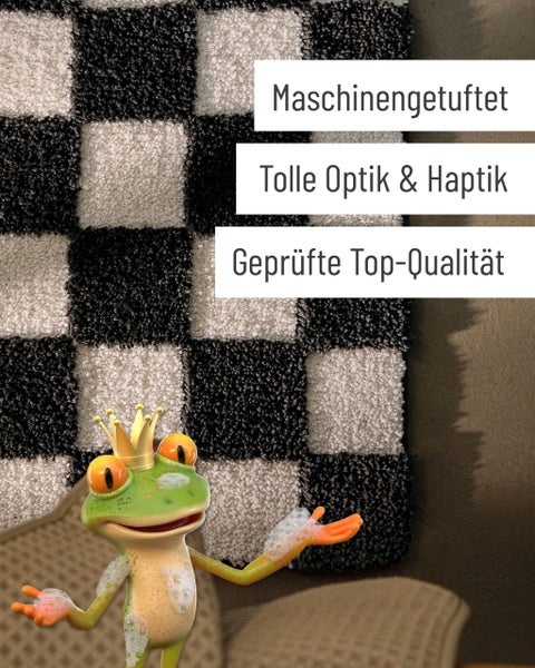 Maschinengestufter Teppich mit schwarz-weißem Karomuster, Comic-Frosch und Text zu Optik, Haptik und geprüfter Qualität.
