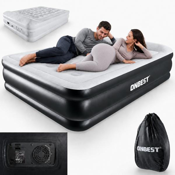 ONBEST aufblasbares Doppel-Luftbett mit integrierter elektrischer Pumpe und Tragetasche.