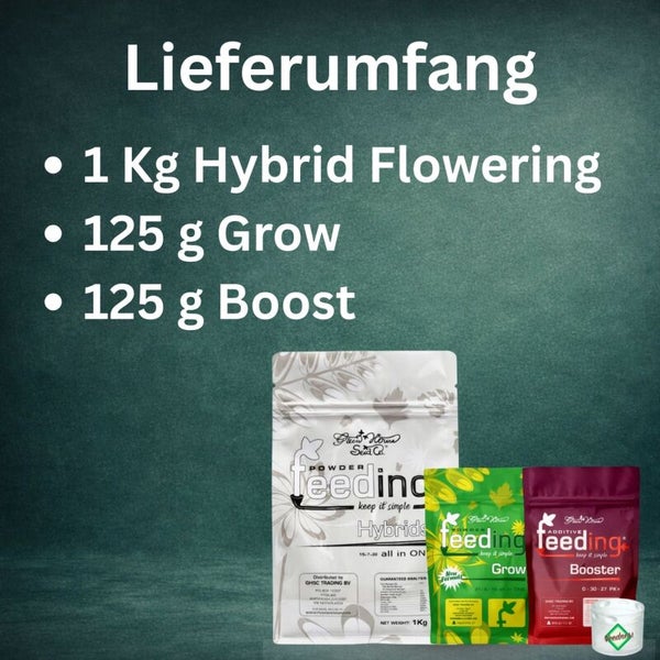 Lieferumfang: Ein Kilogramm Hybrid Flowering, 125 Gramm Grow und 125 Gramm Boost