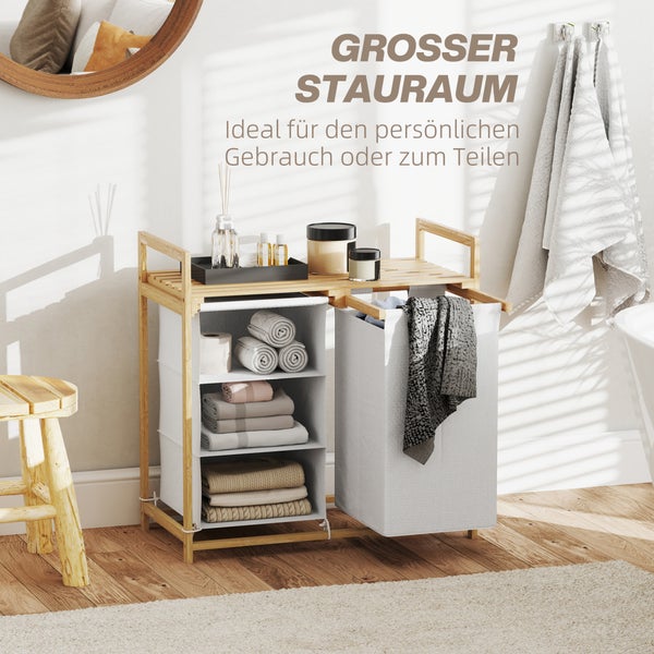 HOMCOM Wäschekorb 4 Fächer Bambus Wäschesammler 83L mit 2 ausziehbaren & abnehmbaren Wäschesäcken aus Vliesstoff, Ablage Wäschebox mit Griff Wäschesortierer 70 x 36 x 70 cm Weiß