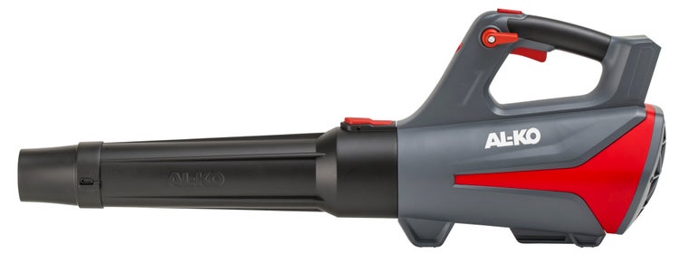 Grauer AL-KO Akku-Laubbläser mit roten Details, langem Blasrohr und ergonomischem Griff.