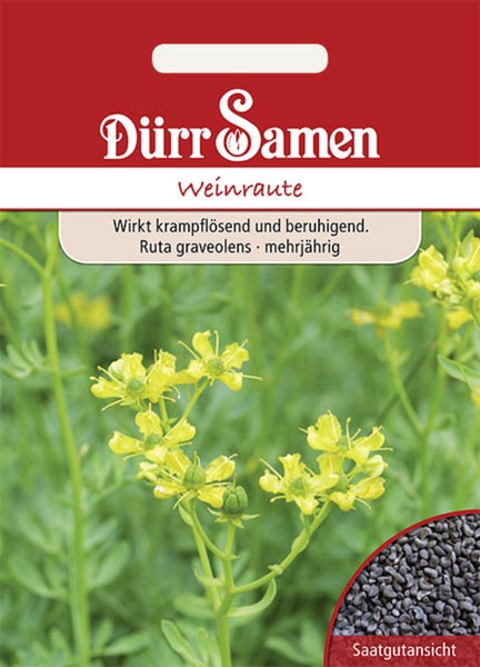 Samentüte mehrjährige Weinraute (Ruta graveolens) mit Dürr Samen Logo, Abbildung der gelben Blüten und Detailansicht der Samen.