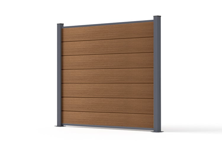WPC-Sichtschutzzaun mit horizontalen Lamellen in Holzoptik und anthrazitfarbenem Metallrahmen.