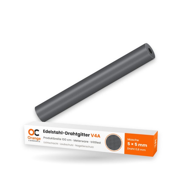 Edelstahl Drahtgitter V4A als Meterware auf der Rolle, 100 cm breit, mit 5 mal 5 Millimeter Maschenweite und 0,8 Millimeter Drahtstärke.
