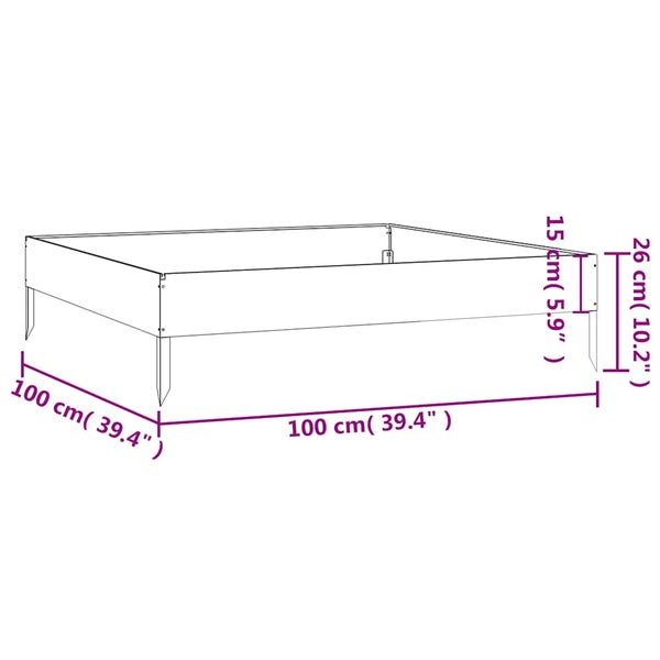 Quadratisches Hochbeet mit Maßen: 100 mal 100 Zentimeter, Höhe 15 Zentimeter, Gesamthöhe inklusive Erdspießen 26 Zentimeter.