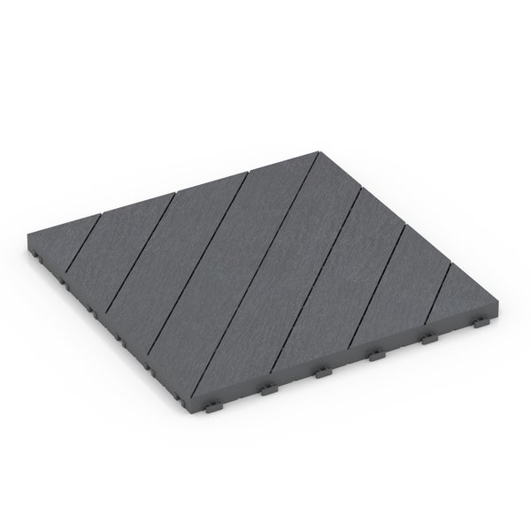 WPC-Terrassenfliese Grau mit Klicksystem, Holzstruktur und diagonalen Lamellen.