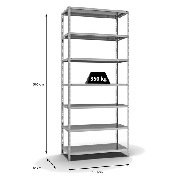 PROREGAL Fachbodenregal Schraubsystem Heavy-Duty Grundregal HxBxT 300 x 130 x 60 cm 7 Ebenen Fachlast 350 kg Beidseitig Nutzbar Verzinkt