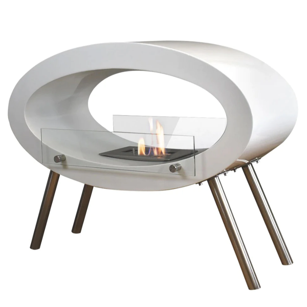 Dekorativer Bioethanol-Kamin mit ovalem Design, Glasfront und Metallbeinen