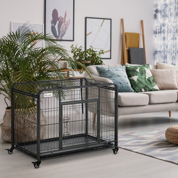 PawHut Hundekäfig, Transportkäfig, 94 x 58 x 69,5 cm, Metall, Grau+Schwarz