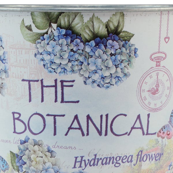 Dekoratives Design mit Hortensienblüten und der Aufschrift The Botanical