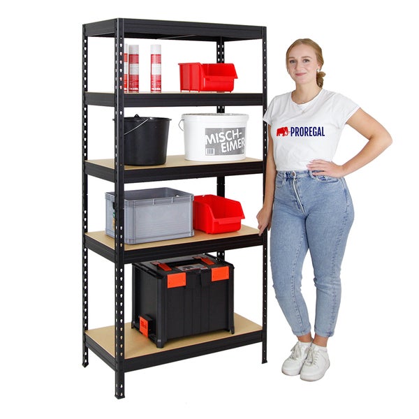 PROREGAL Schwerlastregal Rivet HxBxT 180 x 90 x 45 cm Fachlast 250 kg Innovatives Stecksystem Schwarz