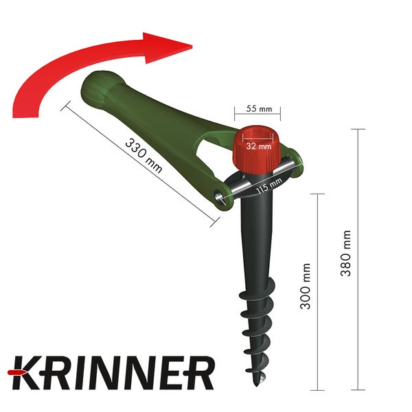 Krinner Logo, Bodendübel mit Eindrehwerkzeug und Maßangaben in Millimeter. Hebellänge 330 Millimeter, Gesamtlänge 380 Millimeter.