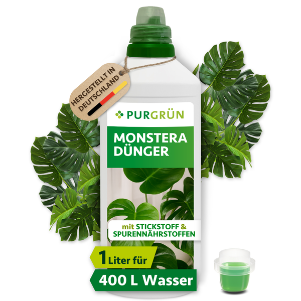 PurGrün Monstera Dünger, 1 Liter Flüssigdünger mit Stickstoff und Spurennährstoffen, hergestellt in Deutschland, ausreichend für 400 Liter Wasser.