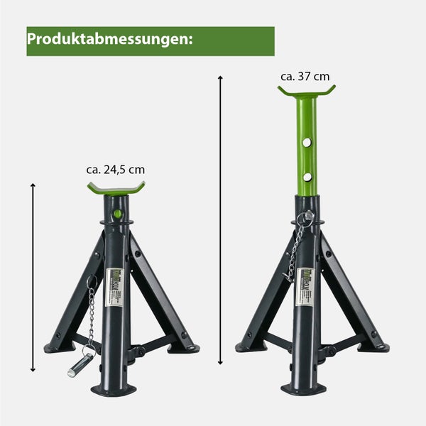 Zwei Unterstellböcke von Trutzholm mit verstellbarer Arbeitshöhe zwischen circa 24,5 Zentimeter und 37 Zentimeter.