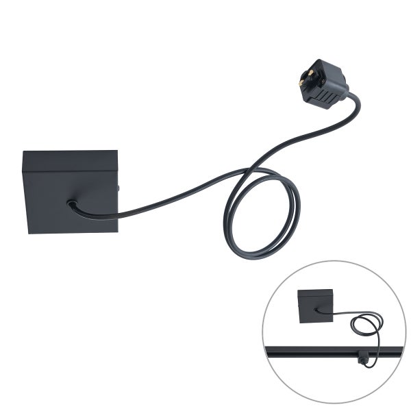 Schwarzes Stromschienen-Zubehör mit Stromanschluss und Montageplatte