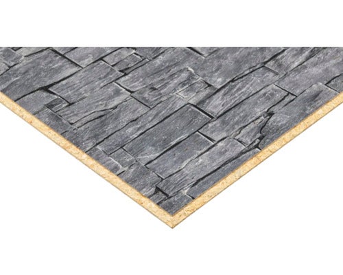 Küchenarbeitsplatte mit einer Oberfläche in Schieferoptik auf einem Kern aus Spanplatte.