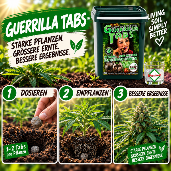 BioTabs Guerilla Tabs Langzeitdünger im Eimer mit 200 Tabletten und bebilderter Anleitung zur Anwendung für kräftige Pflanzen und hohe Erträge.